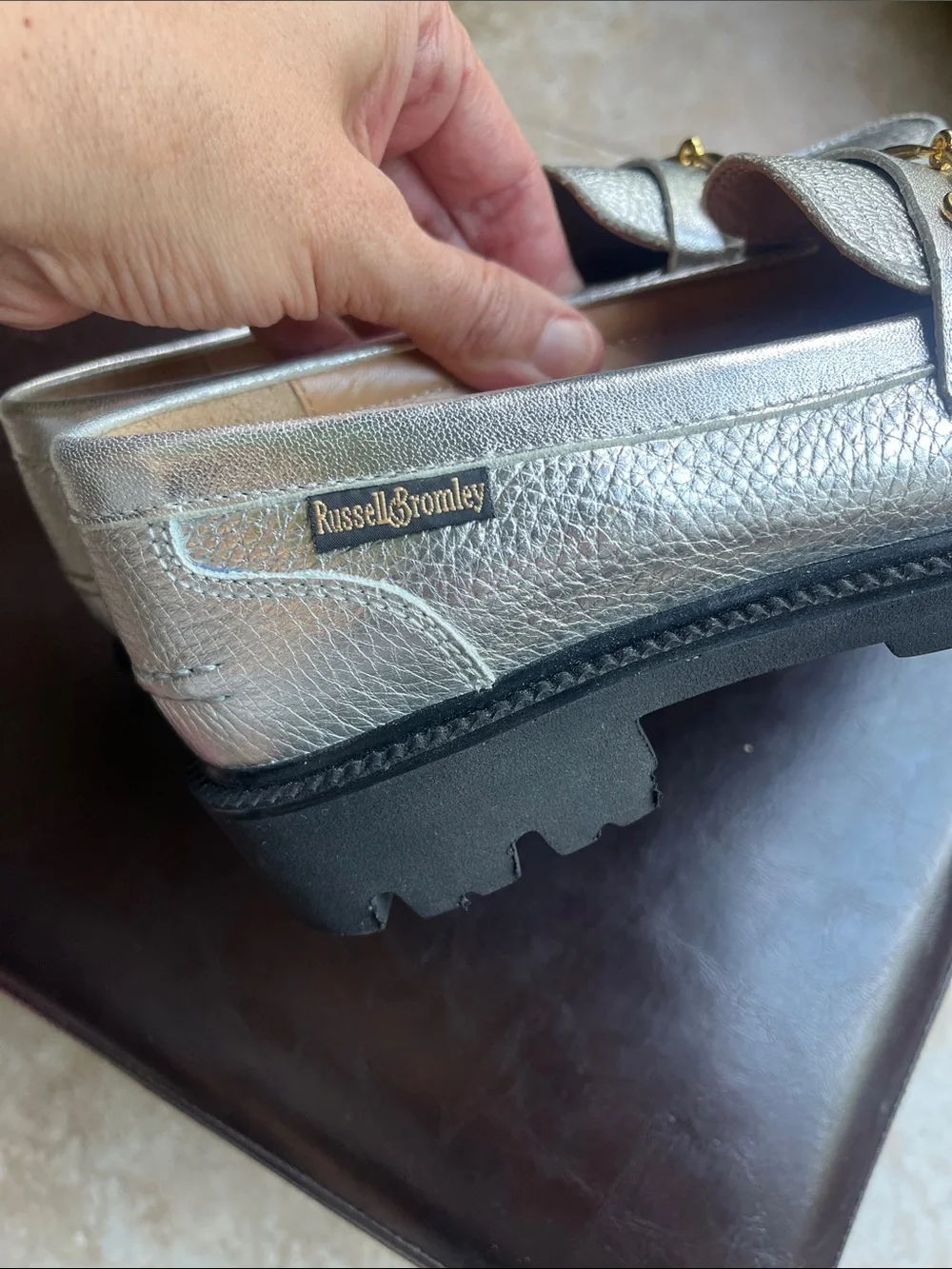 Russell & Bromley Silver Metallic Leather Loafers with Gold Bit New without Box
